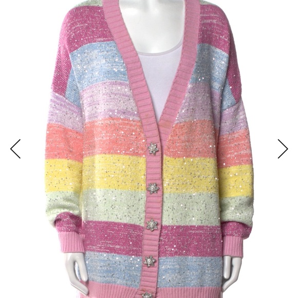 OLIVIA RUBIN Sweaters - Pastel Rainbow Striped Sequin Cardigan Sweater - Pink